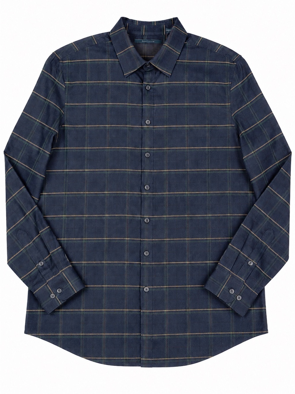Perry Ellis Oeko Tex Mens Button Up Shirt Sz Large Navy Blue Flannel Plaid NWOT